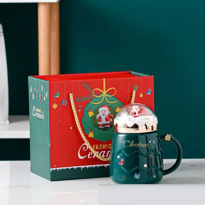 1Pc 500Ml Creative Christmas Cup High Beauty Ceramic Cup Mug Cartoon Water Cup with Cover Coffee Cup Gift Box Set