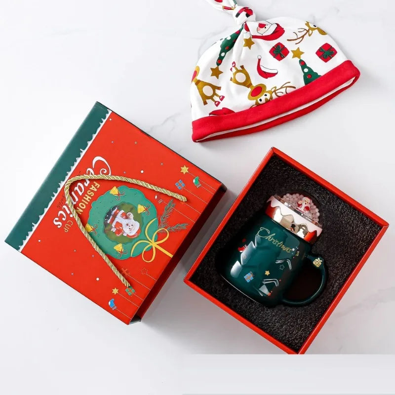 1Pc 500Ml Creative Christmas Cup High Beauty Ceramic Cup Mug Cartoon Water Cup with Cover Coffee Cup Gift Box Set