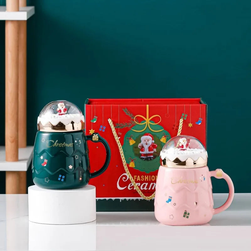 1Pc 500Ml Creative Christmas Cup High Beauty Ceramic Cup Mug Cartoon Water Cup with Cover Coffee Cup Gift Box Set