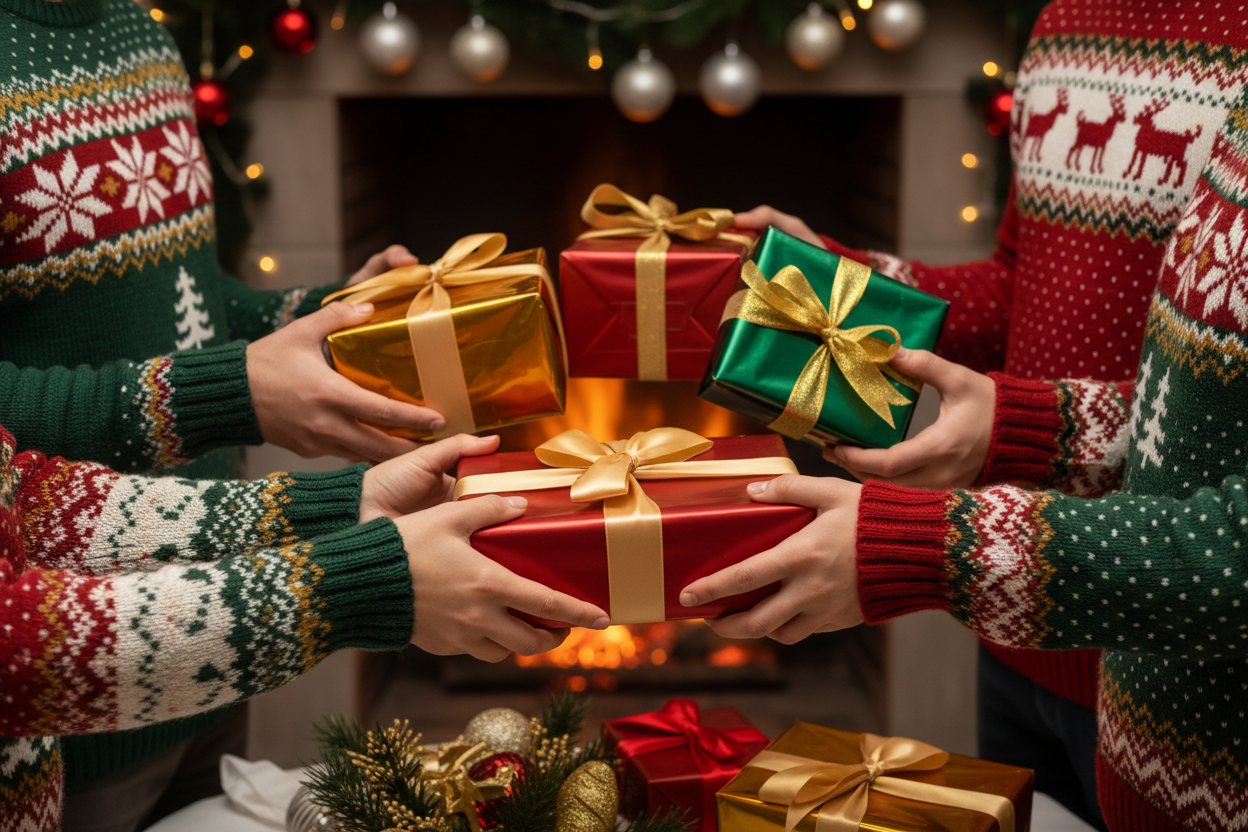 people handing gits to one another. Hands and wrists only. Make is christmas themed